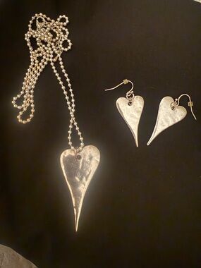 Silver Heart Drop Necklace and Earrings Set